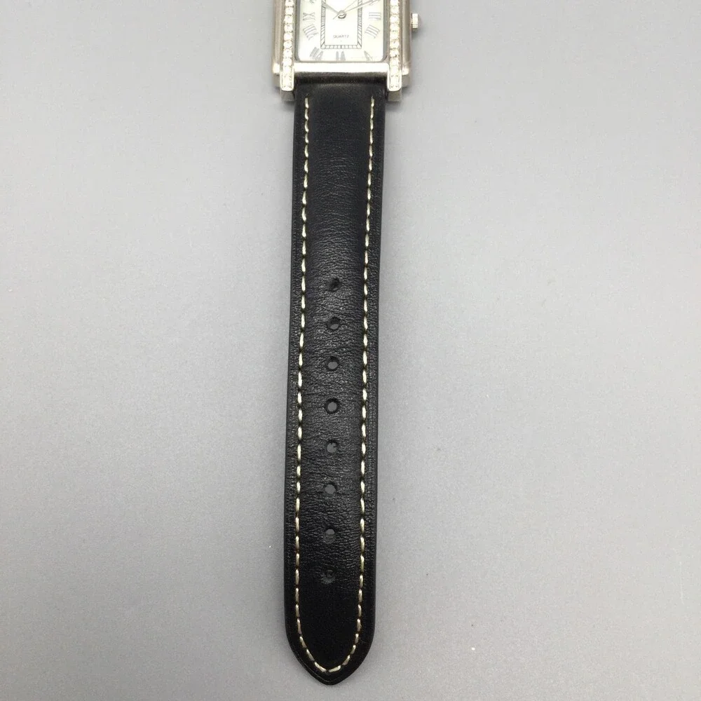 Gruen Womens Watch 28mm White Dial Crystal Bezel Black Leather New Battery